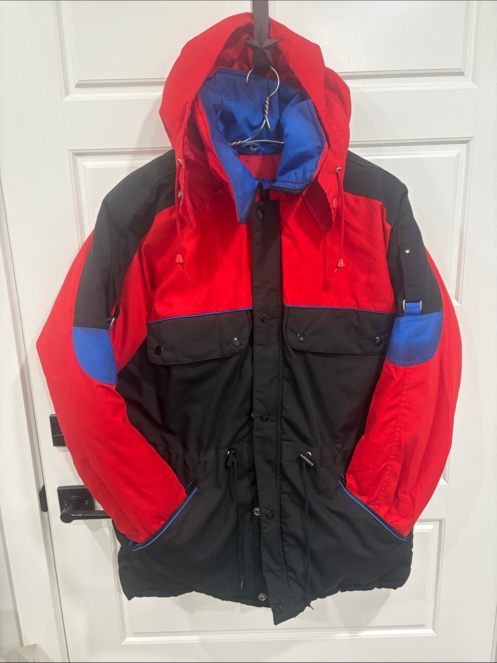 Men's Red and Black Ski Jacket with Blue Accents